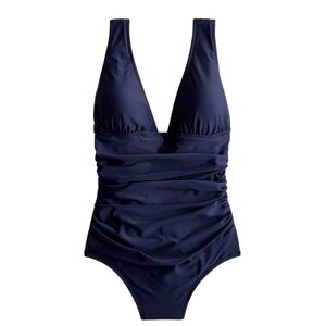 J. Crew Ruched V-Neck One-Piece Swimsuit 18 Classic Navy Blue Sustainable Swim
